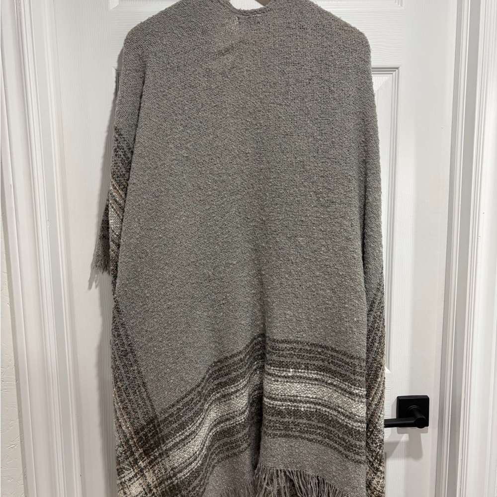 2/$25 Cherie Bliss Open-Front Draped Grey Striped Knit Fringe Poncho Wrap - Picture 2 of 4
